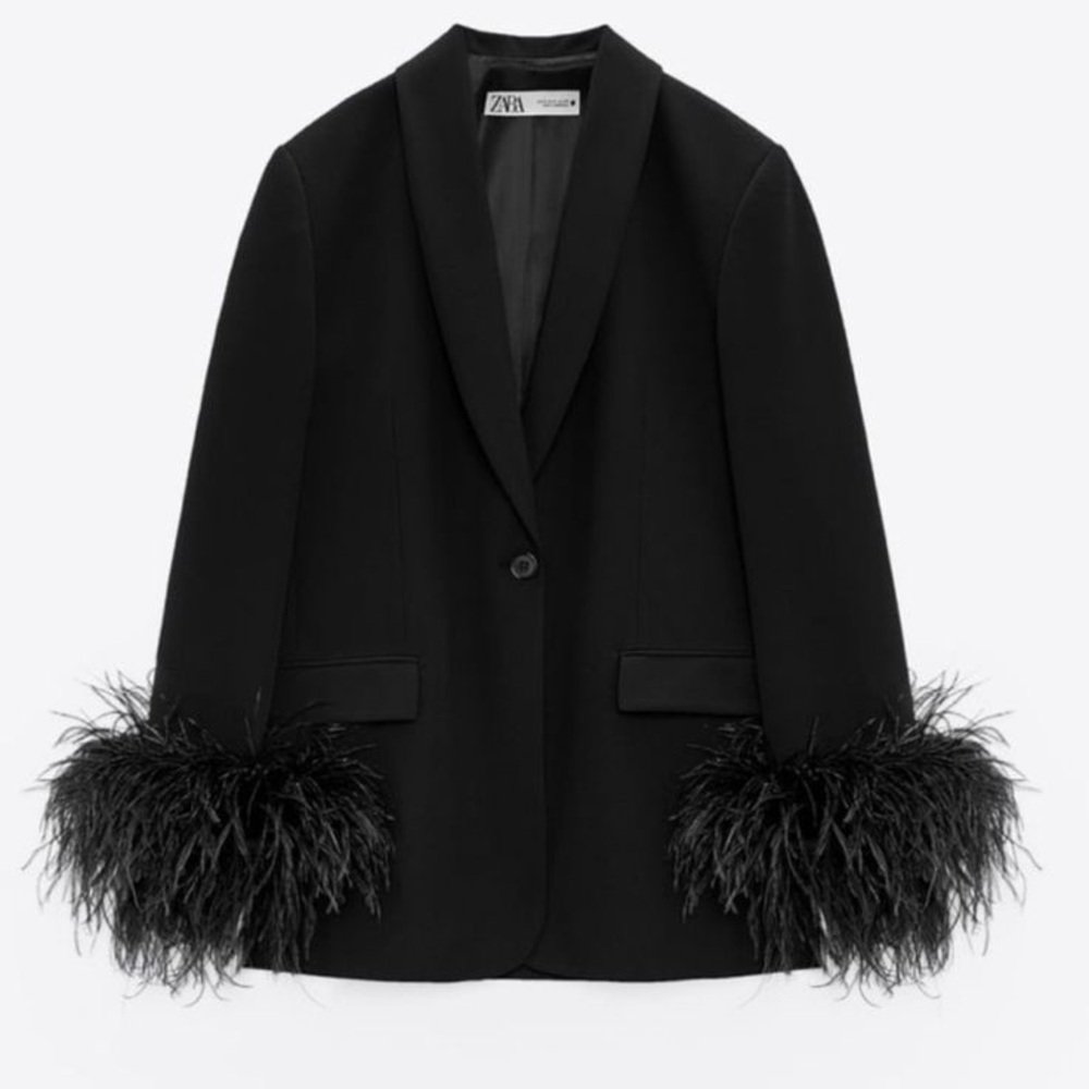 Zara Black Feather Cuff Blazer